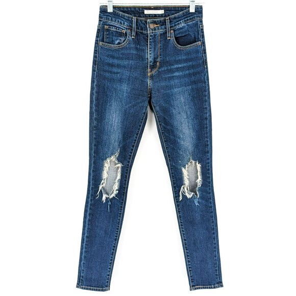 Levis 721 The High Rise Skinny Jean 26 Dark Wash Distressed Cotton Stretch Denim - Picture 1 of 12